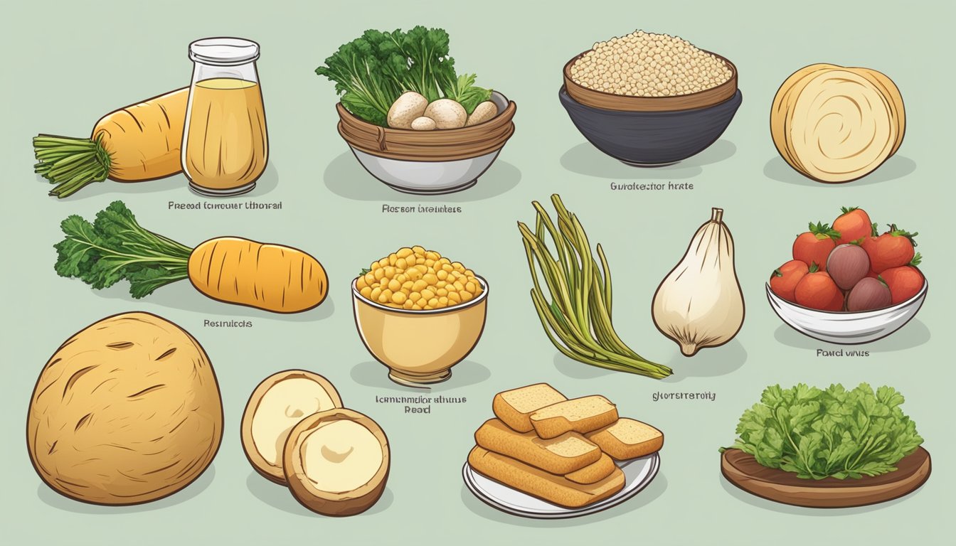 A parsnip surrounded by a variety of foods with different glycemic index values, such as bread, rice, and fruit