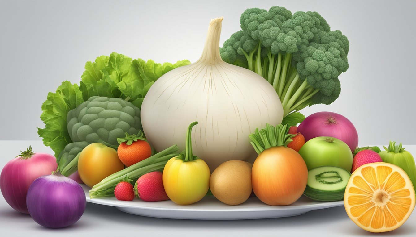 A turnip sitting on a white plate, surrounded by a variety of colorful fruits and vegetables, with a nutrition label in the background