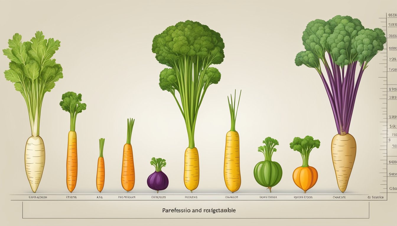 A parsnip and other root vegetables arranged in a line, with a glycemic index chart in the background for comparison