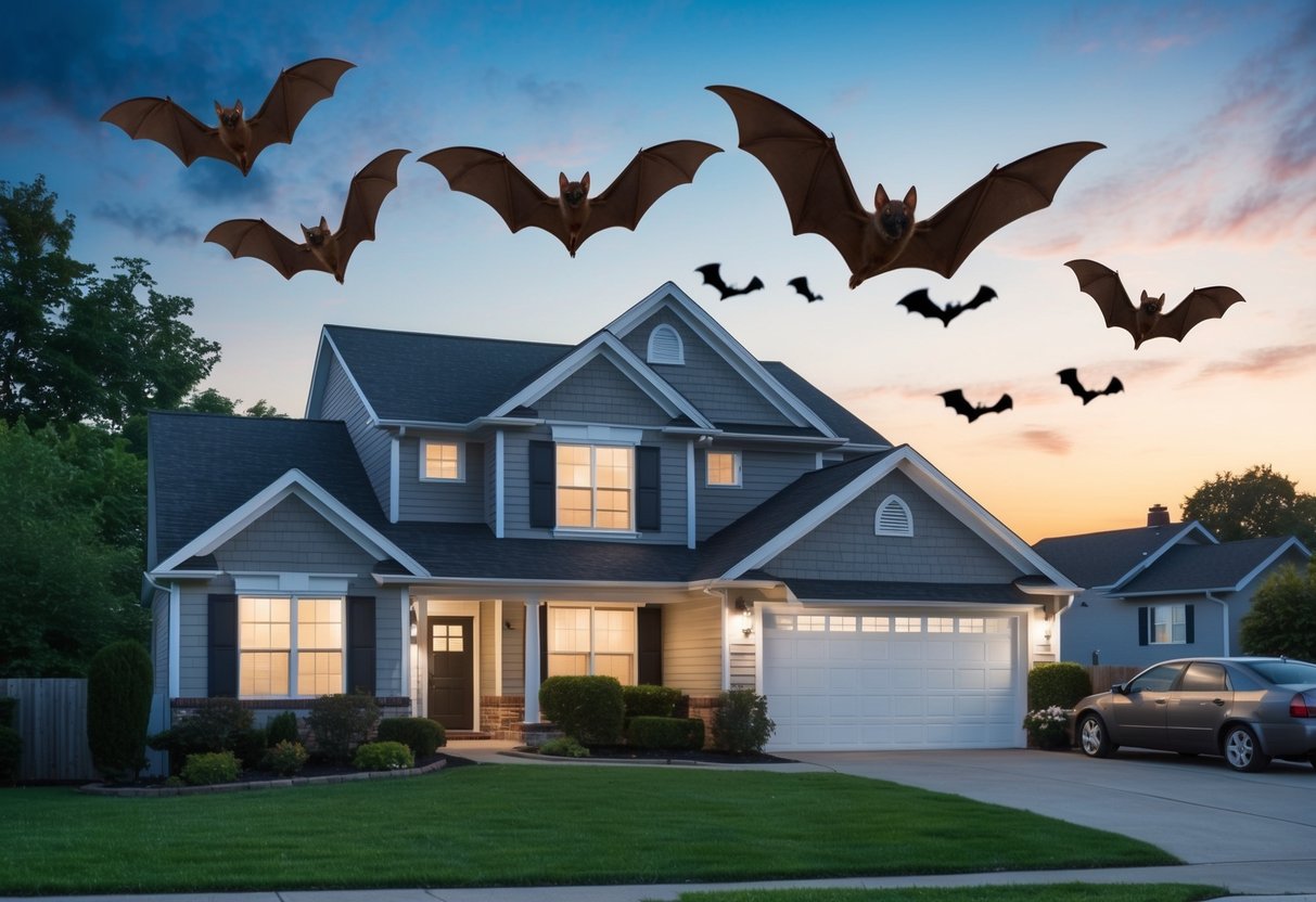 Bats flying around a suburban house at dusk, with concerned neighbors looking on from a distance