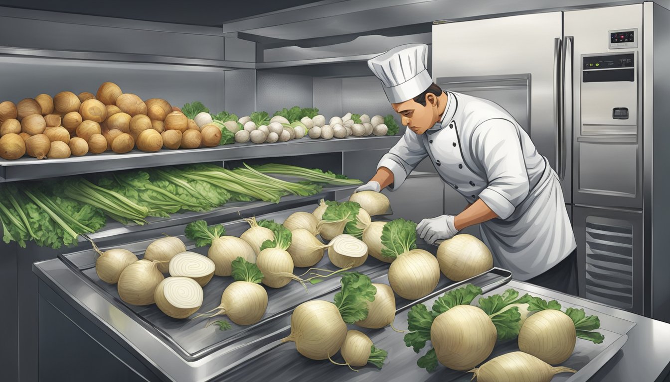 A chef slicing turnips and storing them in a refrigerator