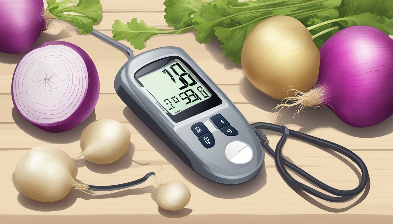 A table with turnips and a glucose meter next to it for comparison