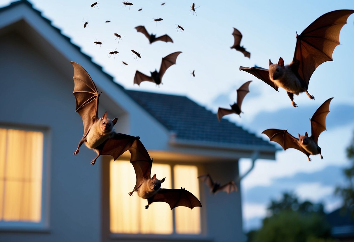 Bats flying around a house at dusk, catching insects in the air
