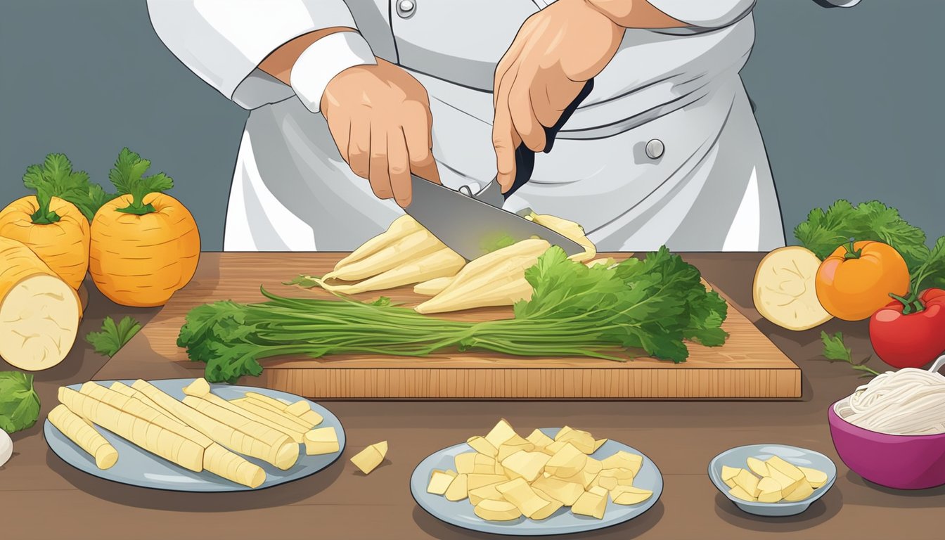 A chef slicing parsnips for a culinary dish, with a table full of fresh ingredients