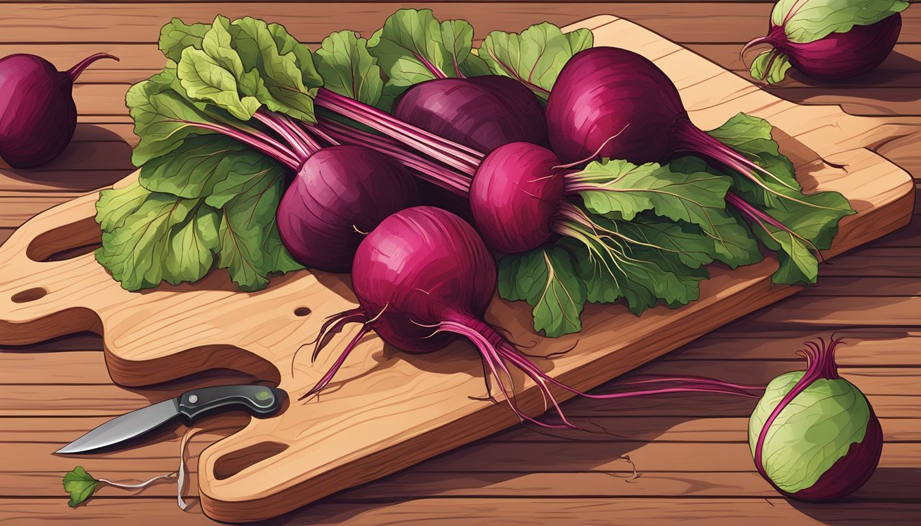 A colorful assortment of beets arranged on a wooden cutting board, with a knife and measuring tape nearby