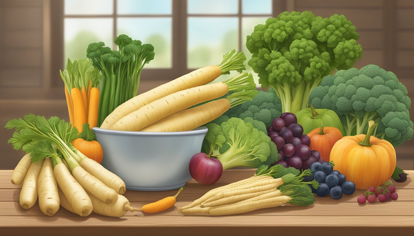 A parsnip surrounded by a variety of fruits and vegetables on a wooden table, with a glycemic index chart in the background