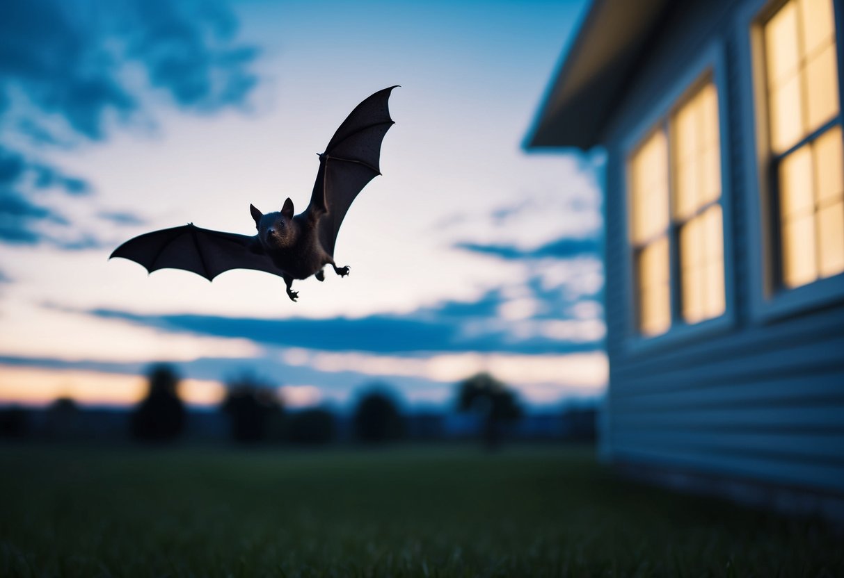 A bat flying near a house at dusk, with a clear view of the surrounding area and a sense of safety