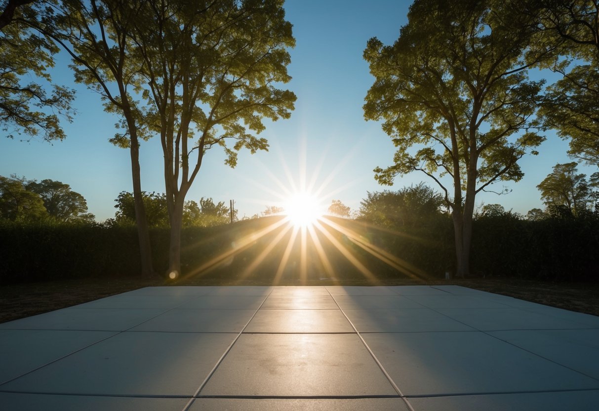 A bright light shines outside, illuminating an open space with no obstacles. The area is surrounded by trees and foliage