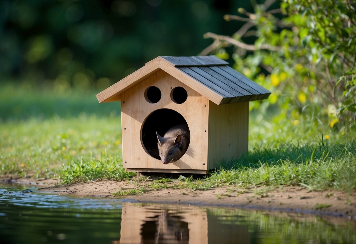 A bat house with open entrance and roosting spaces, placed in a suitable habitat with nearby water source and insect-rich environment
