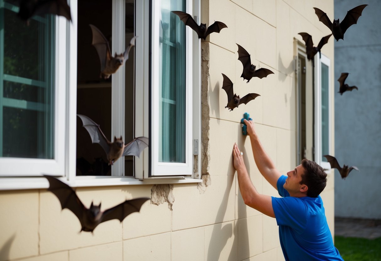 Bats fly out of a building through open windows and doors, while a person seals up cracks and holes in the walls