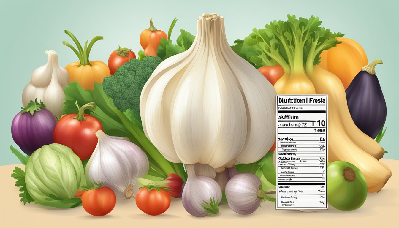 A bulb of garlic surrounded by various fruits and vegetables, with a nutrition label in the background