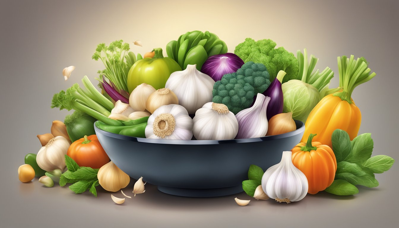 A bowl of garlic cloves surrounded by various fruits and vegetables, with a glowing halo effect around the garlic to depict its impact on health