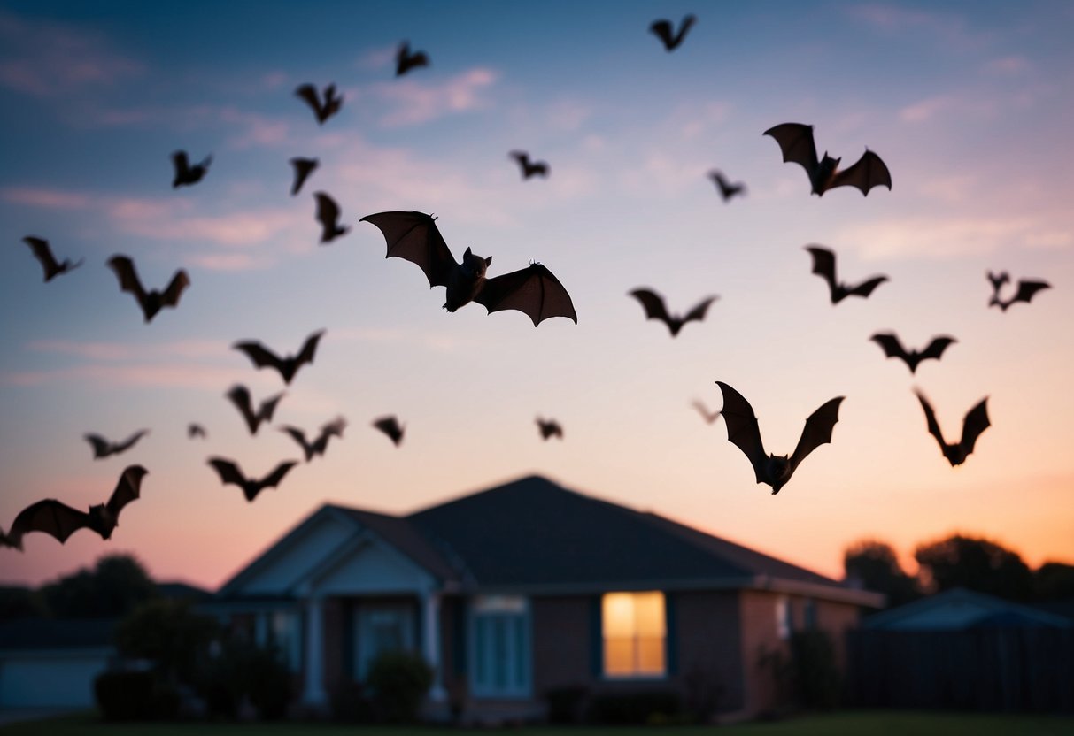 Bats flying around a house at dusk