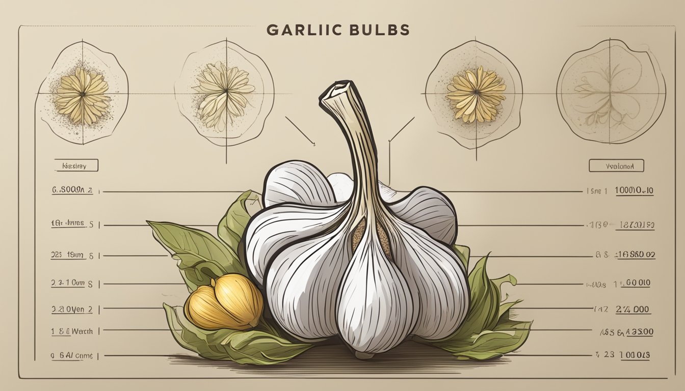 A variety of garlic bulbs arranged with a chart showing their glycemic index values