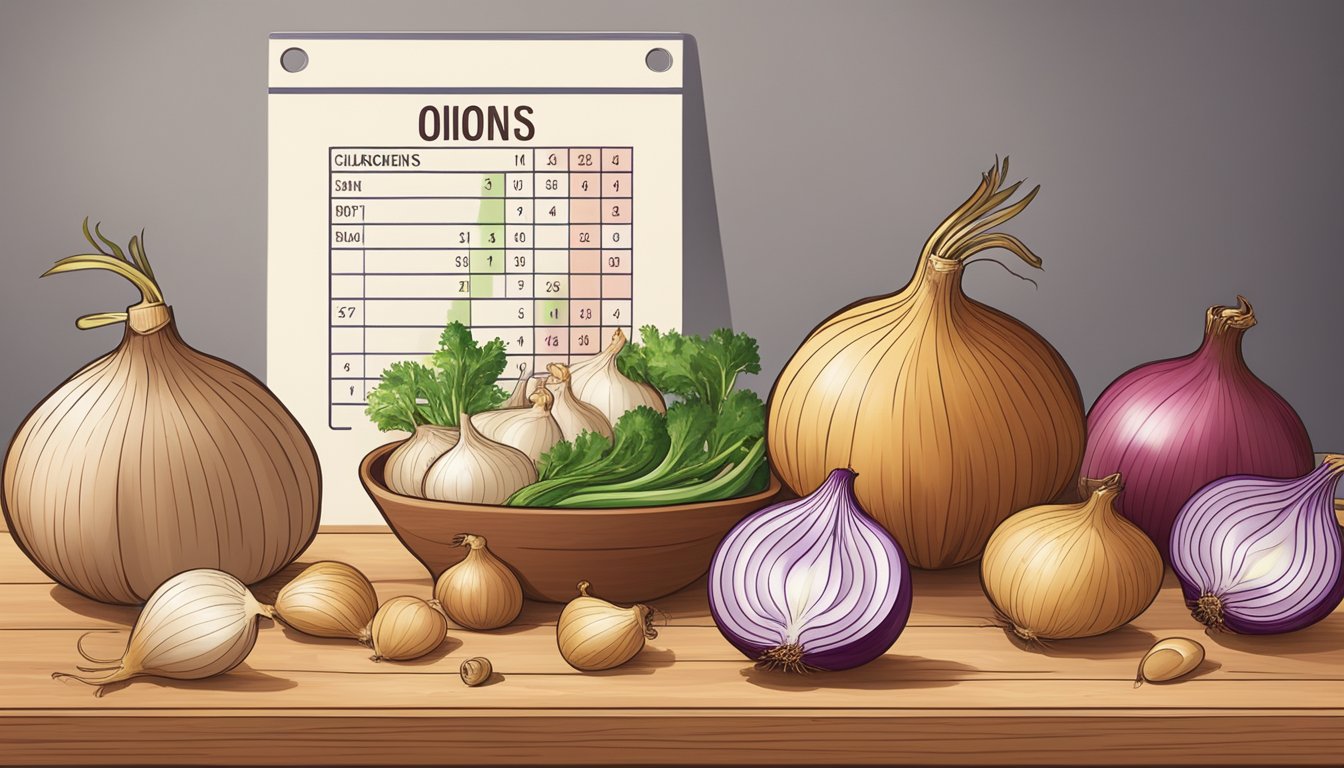 A variety of onions arranged on a wooden cutting board with a glycemic index chart in the background