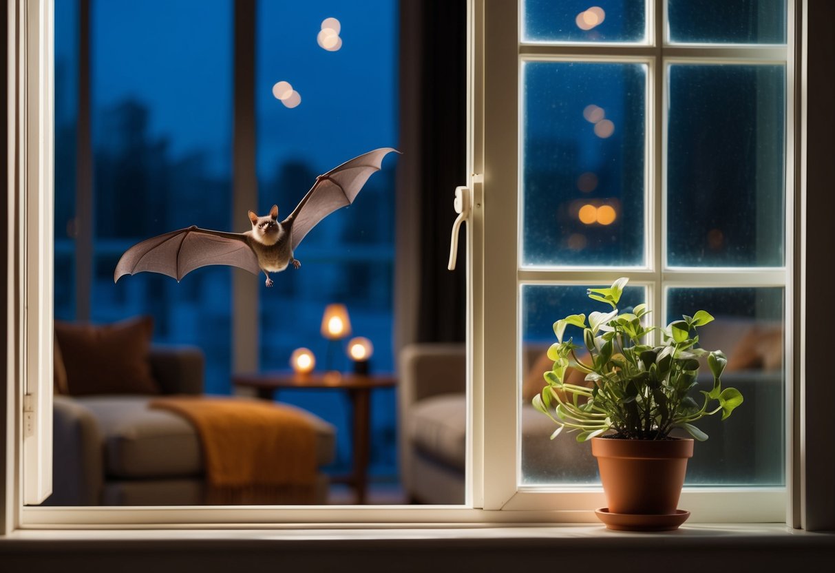 A bat flies through an open window into a dimly lit living room with cozy furniture and a potted plant on the windowsill