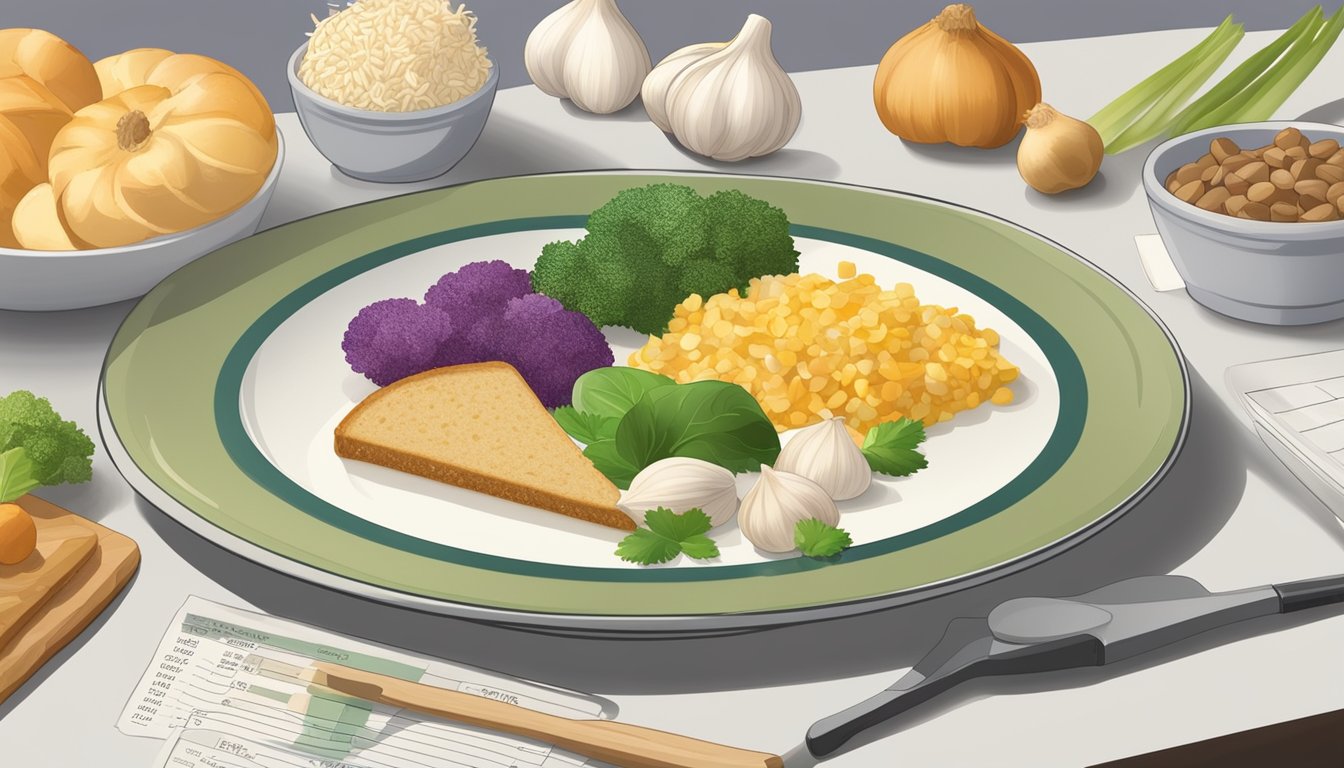 A plate of assorted foods, with a focus on garlic and other low-glycemic index options, surrounded by measuring tools and nutritional information