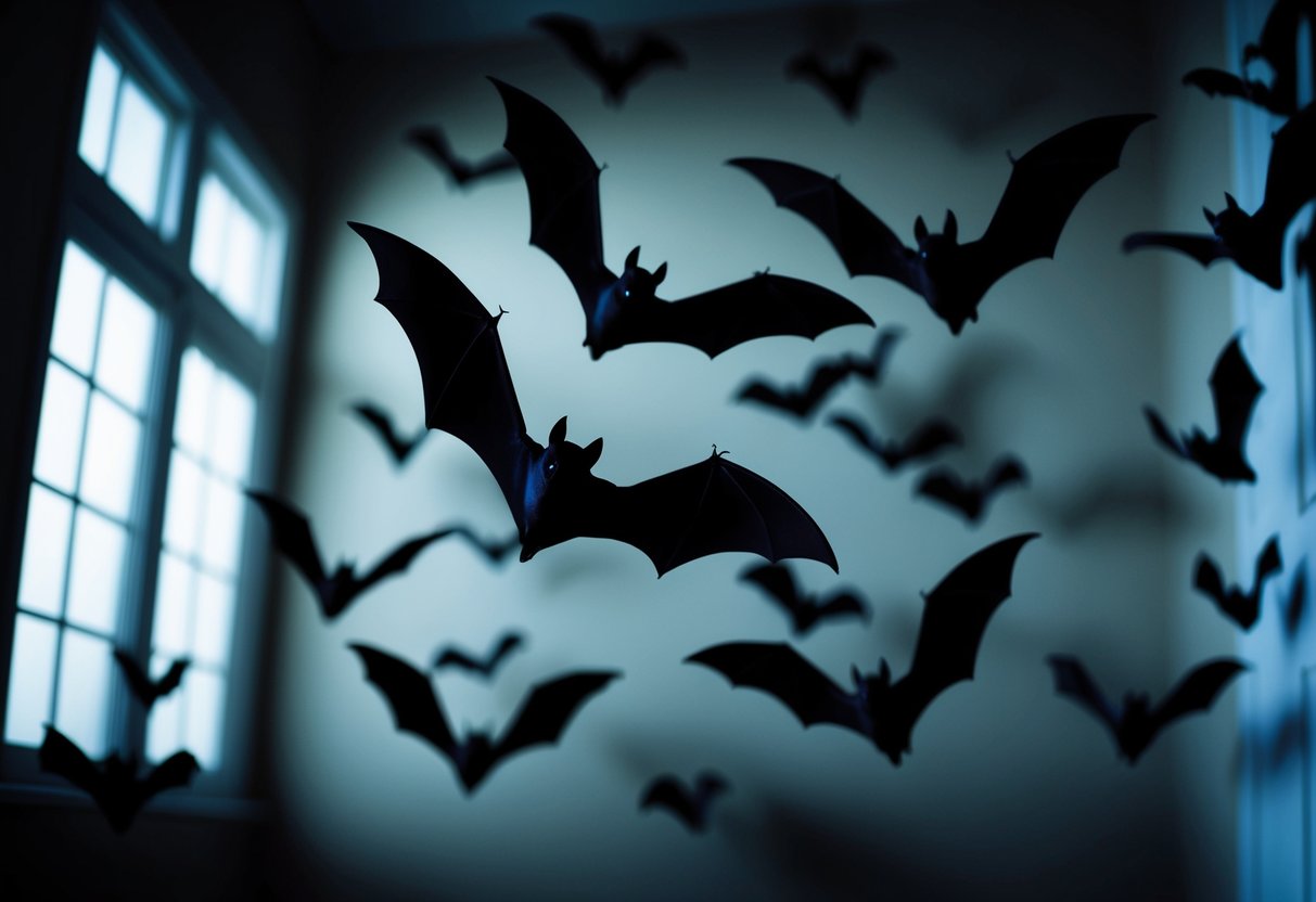Bats fluttering around a dimly lit house, their silhouettes casting eerie shadows on the walls. The air is filled with the sound of their wings flapping as they navigate through the space