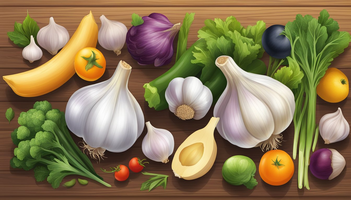 A garlic bulb surrounded by a variety of fruits and vegetables on a wooden cutting board