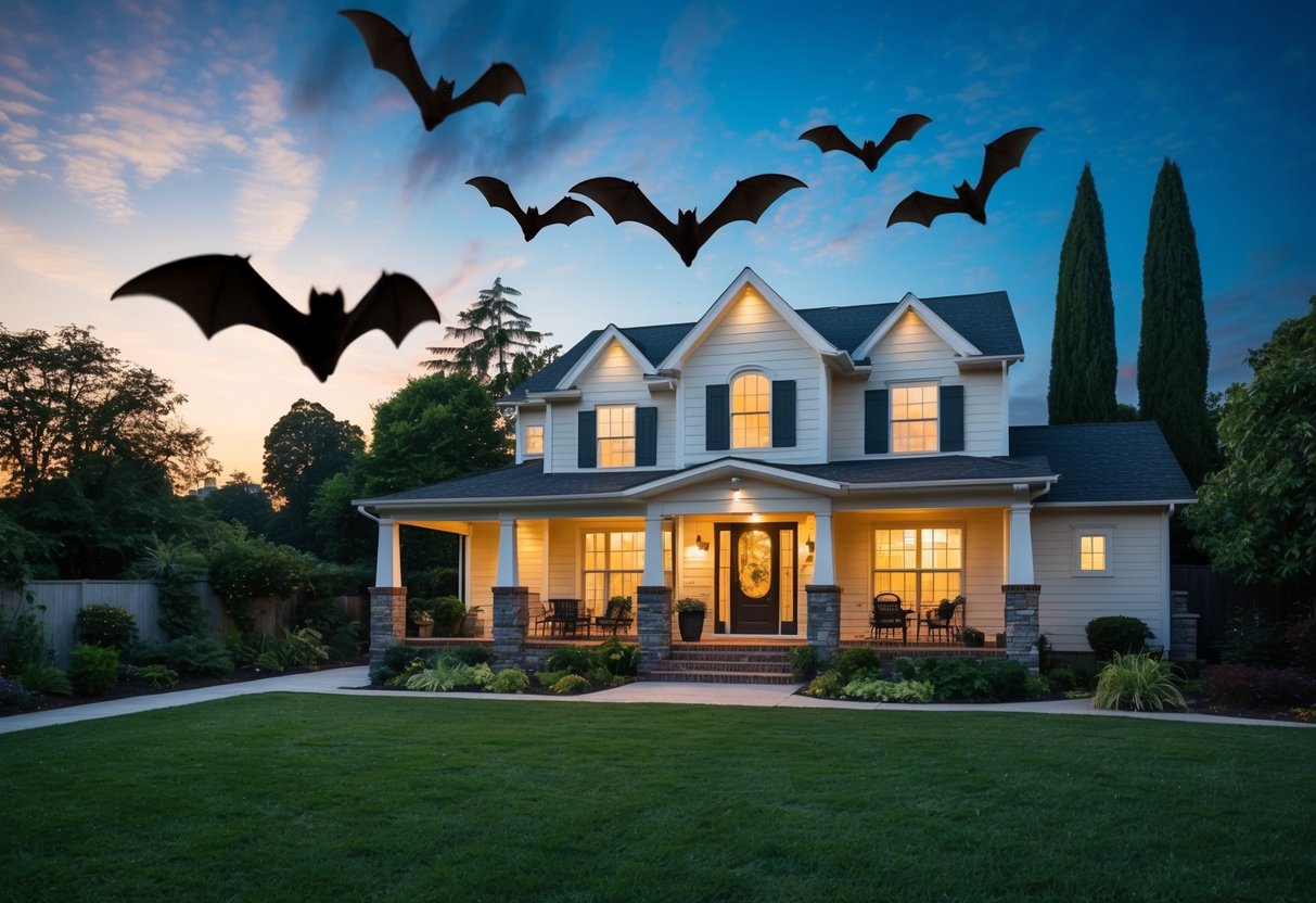 Bats fly around a cozy house at dusk, with a lush garden and tall trees in the background
