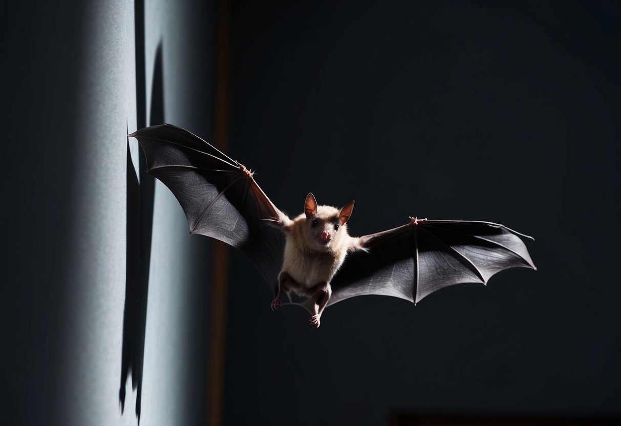 A bat flits around a dimly lit room, its wings casting fleeting shadows against the walls as it searches for an escape