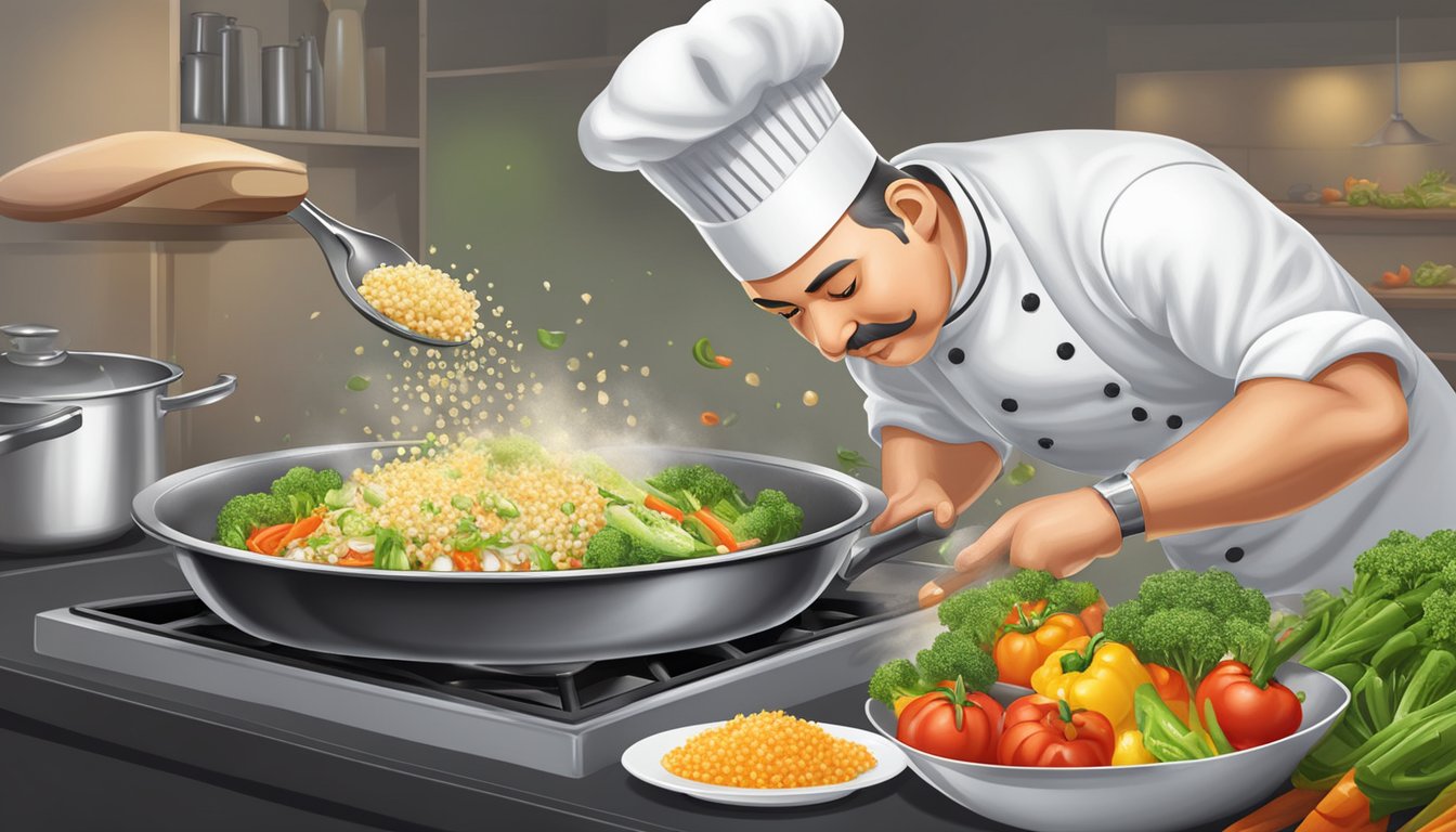 A chef sprinkles minced garlic over a sizzling pan of vegetables