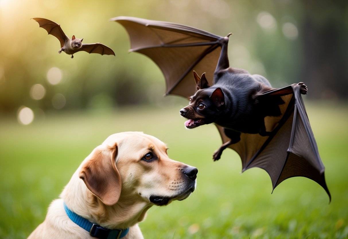 A bat flying near a dog, with a worried expression on the dog's face