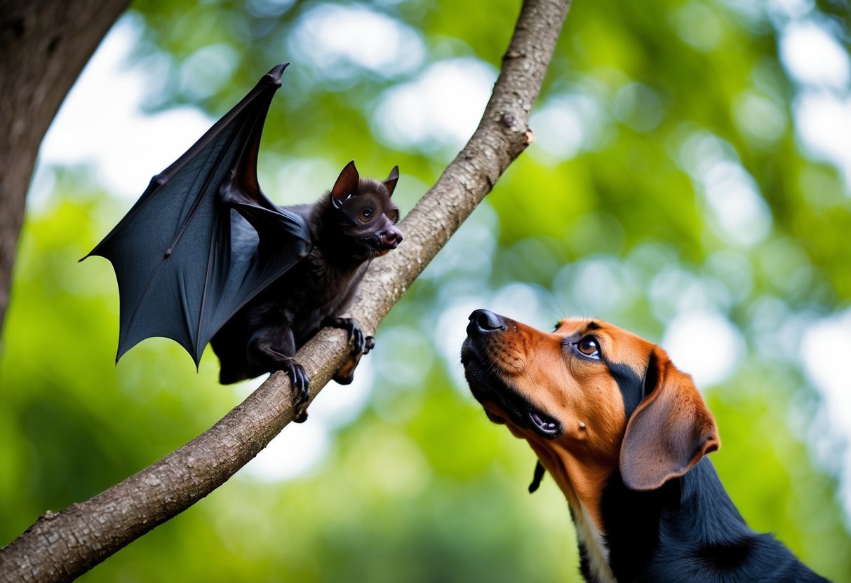 A bat perched on a tree branch, while a dog looks up at it with curiosity