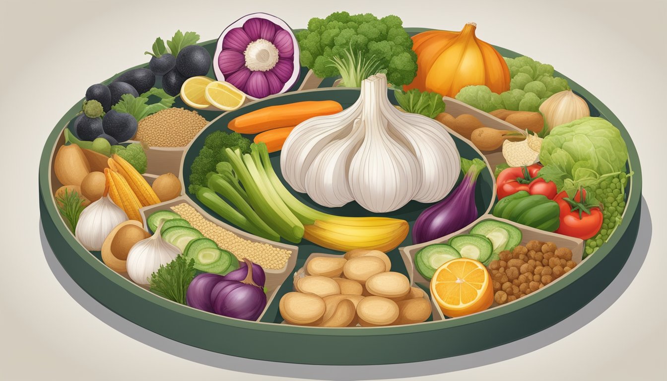 A garlic bulb surrounded by a variety of foods with different glycemic indexes, such as fruits, vegetables, and grains, arranged in a circular pattern