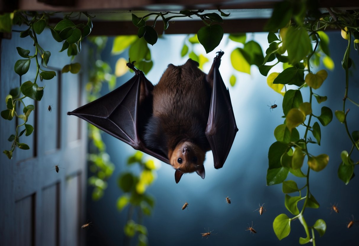 A bat roosting in a dimly lit room, surrounded by hanging foliage and small insects buzzing around