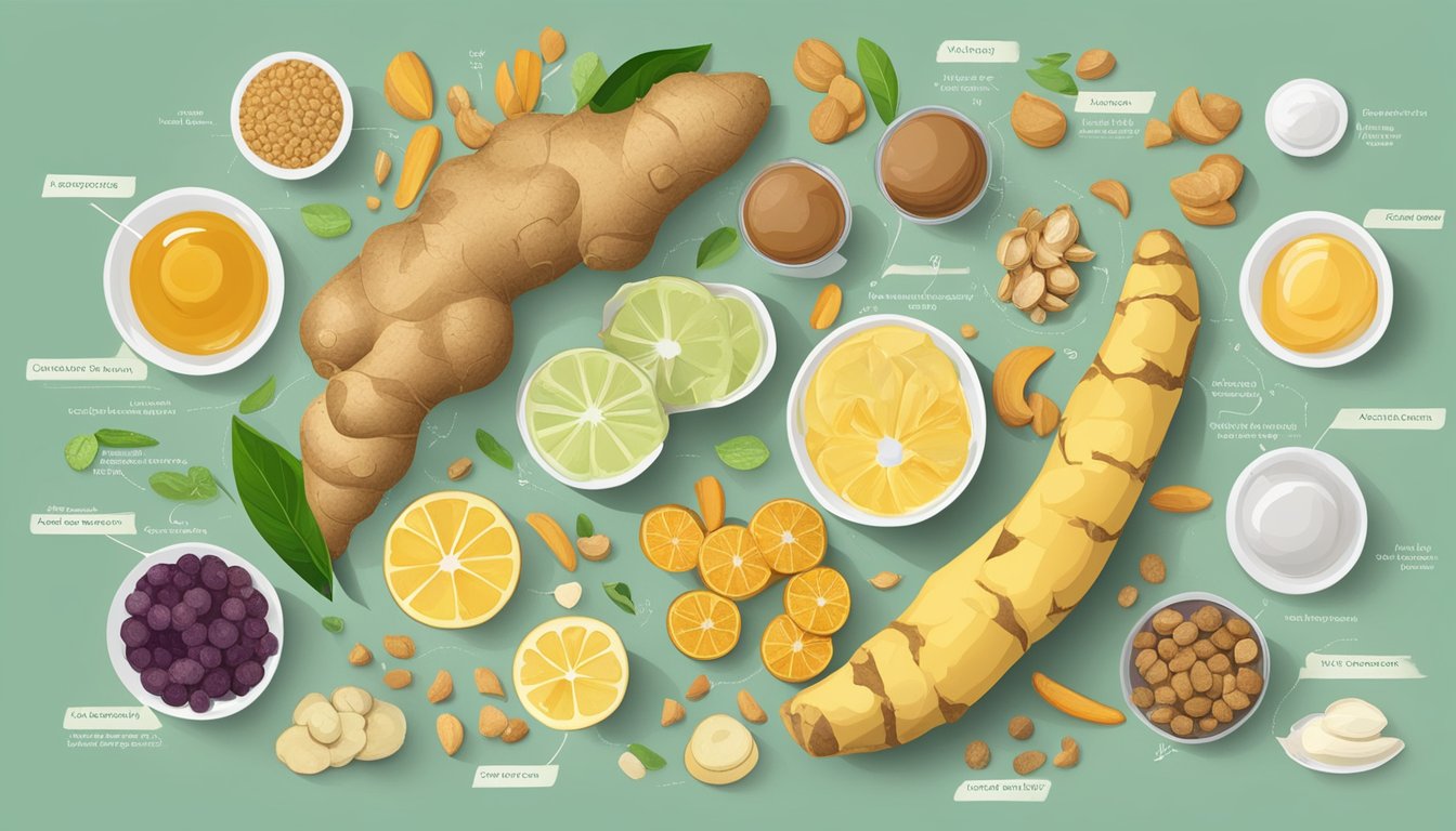 A ginger root surrounded by a variety of foods with different glycemic index values, symbolizing blood sugar regulation