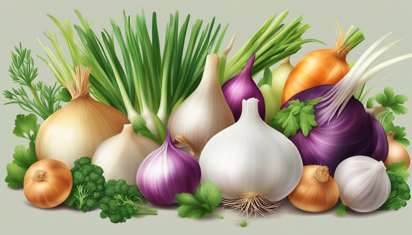 A colorful assortment of onions, garlic, and shallots with vibrant green herbs and a variety of fruits and vegetables, all rich in phytochemicals and antioxidants