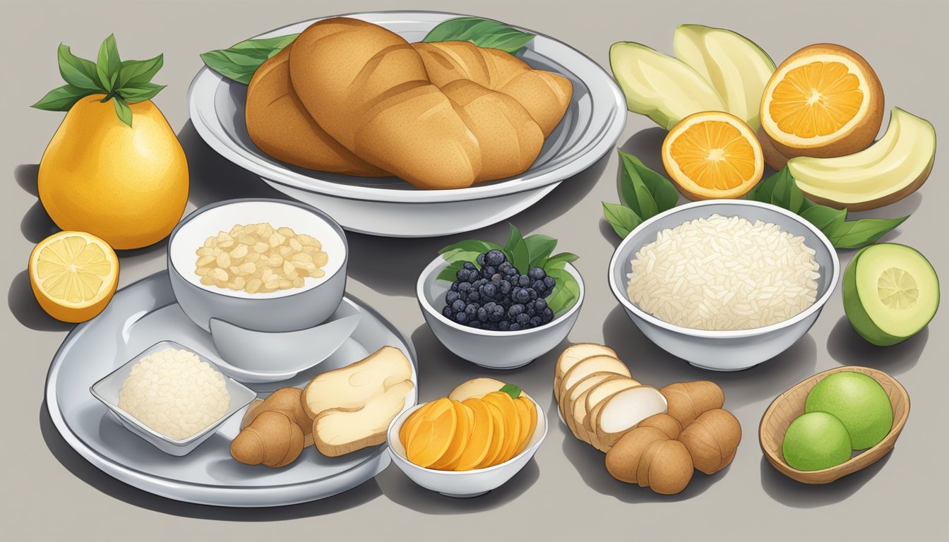 A plate with ginger and different foods, such as bread, rice, and fruit, arranged for comparison