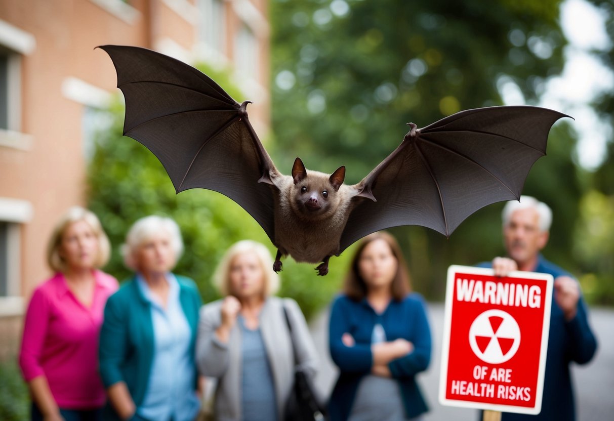 A bat flying in daylight, surrounded by worried onlookers and a sign warning of health risks