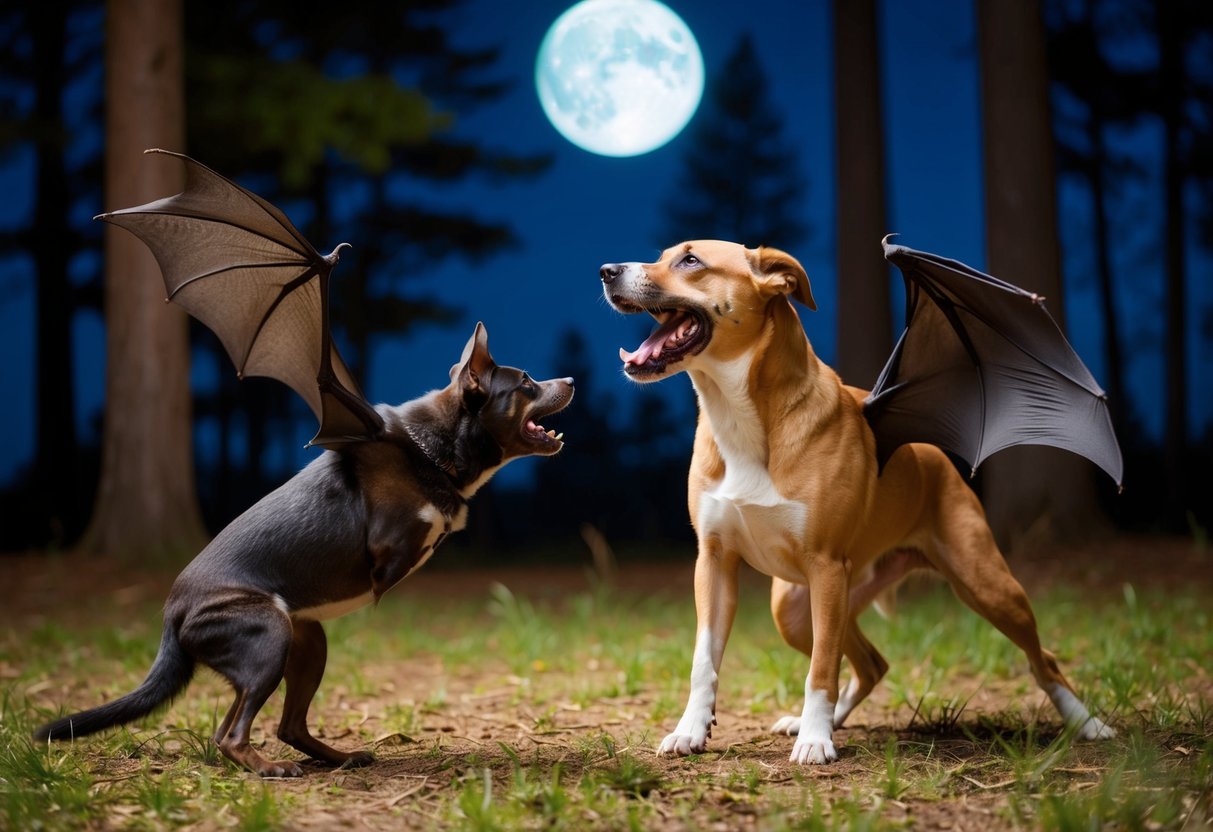A dog and a bat face off in a moonlit forest clearing. The dog snarls while the bat hovers defensively, its wings spread wide