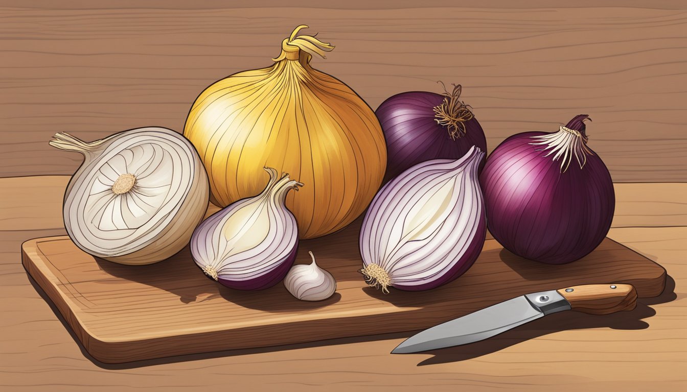 A variety of onions, including red, white, and yellow, arranged on a wooden cutting board with a knife beside them