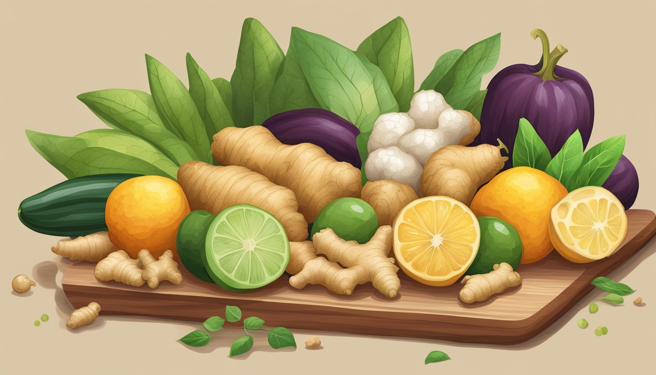 A pile of fresh ginger root surrounded by a variety of fruits and vegetables on a wooden cutting board