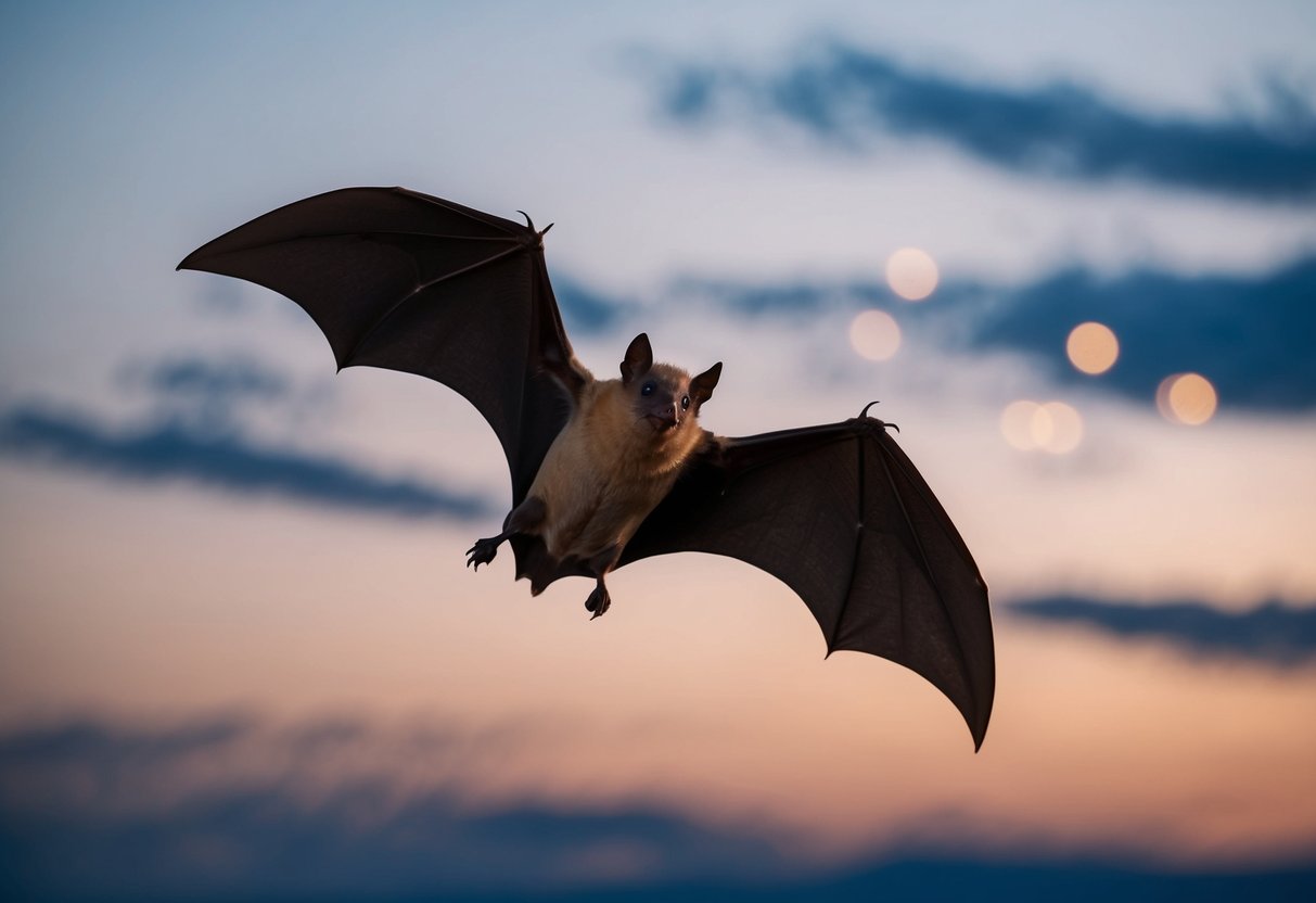 A bat circles above, wings outstretched, against a dusky sky