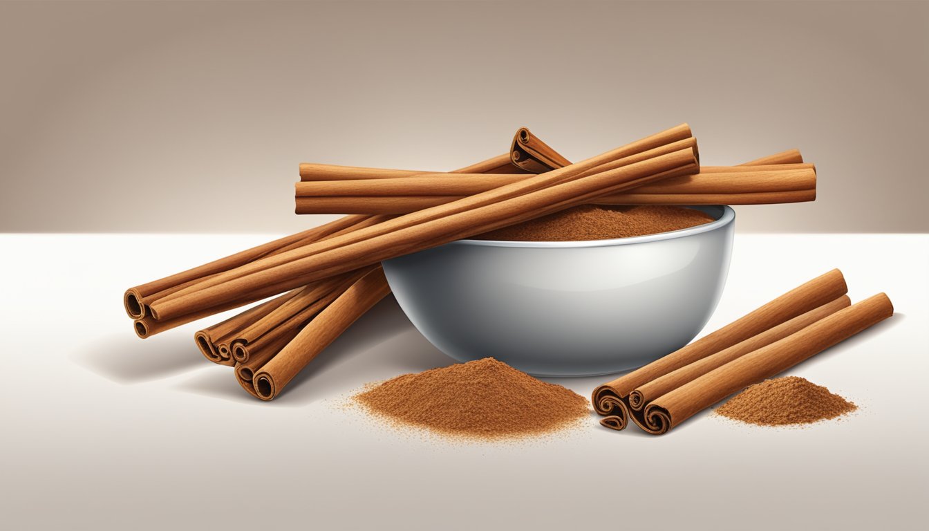 A pile of cinnamon sticks and a measuring tool on a white surface