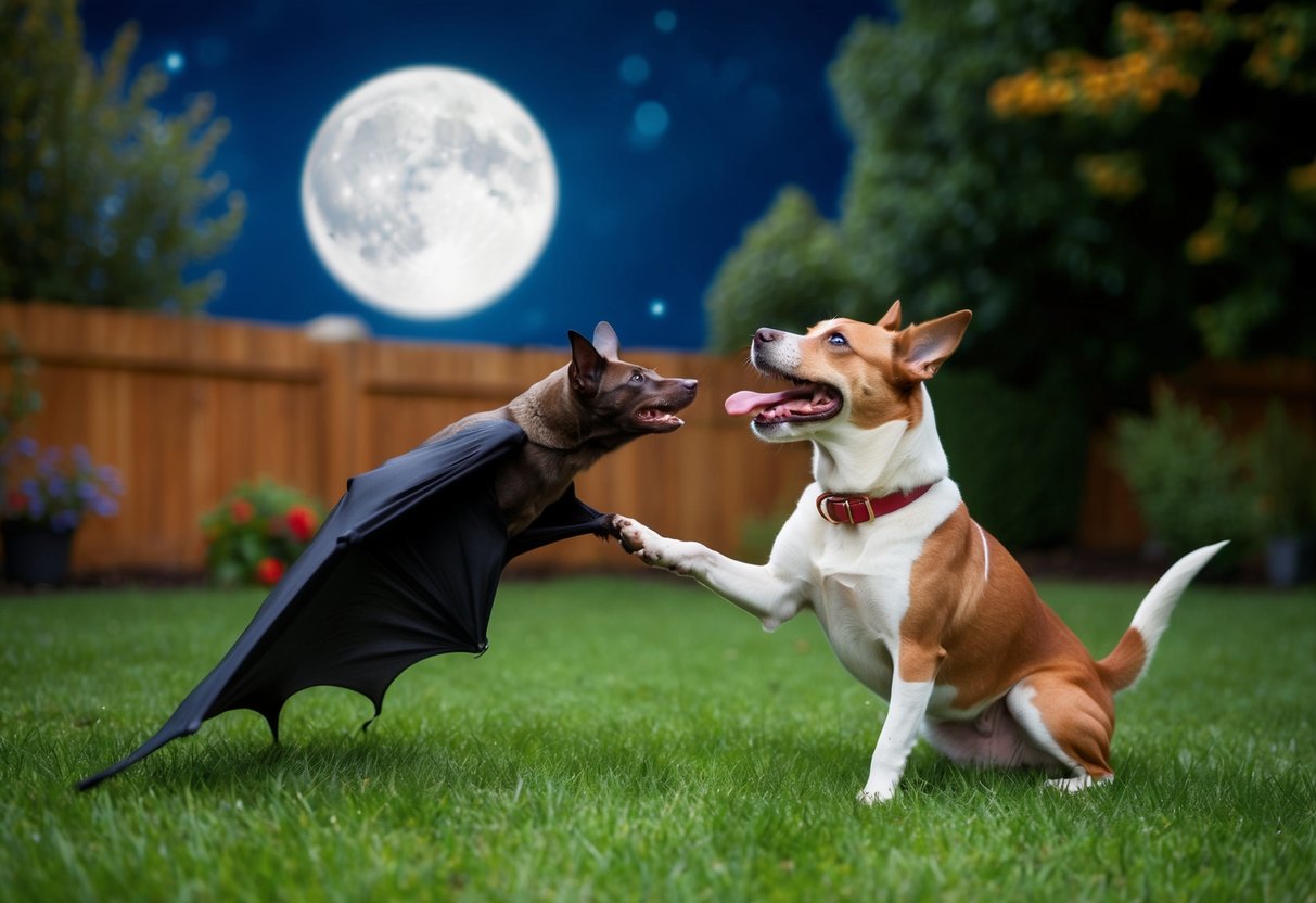 A bat and a dog playfully interact in a moonlit garden