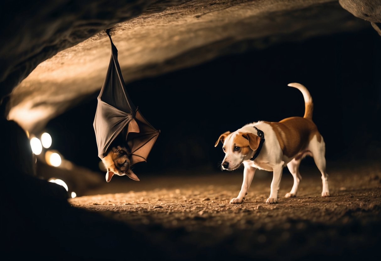 A bat and a dog peacefully coexisting in a dimly lit cave, the bat hanging upside down while the dog curiously sniffs around