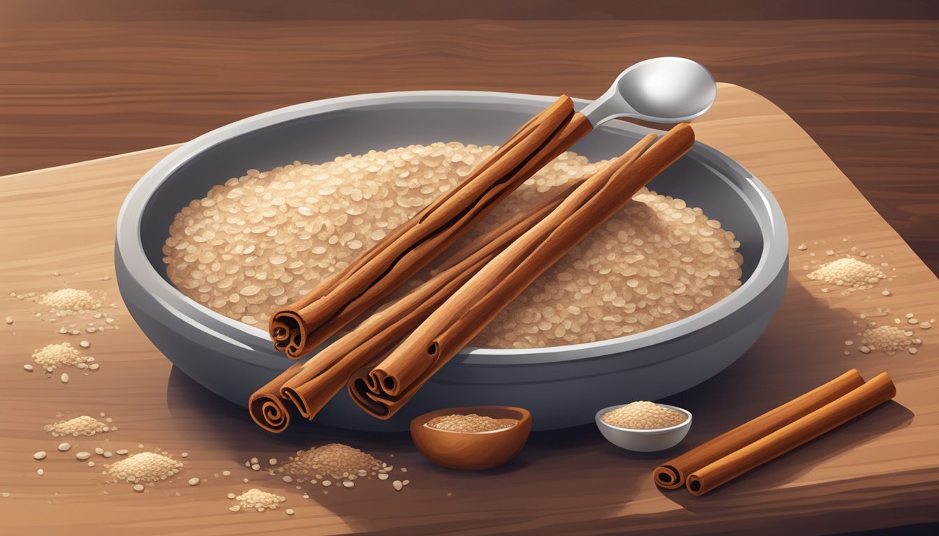 A cinnamon stick sits on a wooden cutting board surrounded by a sprinkling of ground cinnamon, a measuring spoon, and a bowl of oatmeal