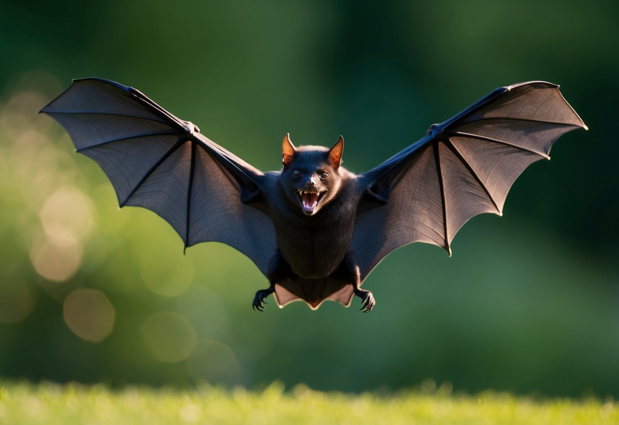 A bat swoops down with wings spread, showing teeth in a defensive posture
