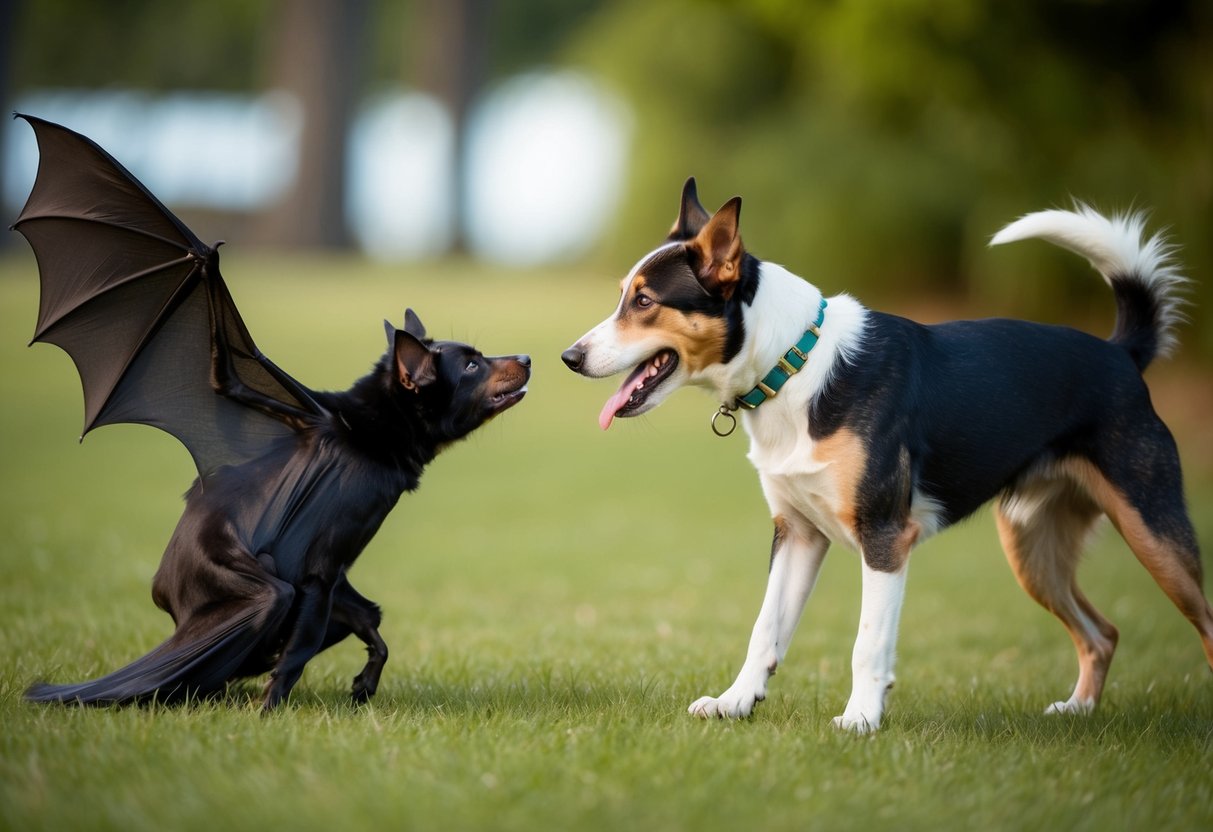 A bat and a dog cautiously approach each other, sniffing and observing each other with curiosity. The bat flutters its wings while the dog wags its tail, both showing signs of friendliness