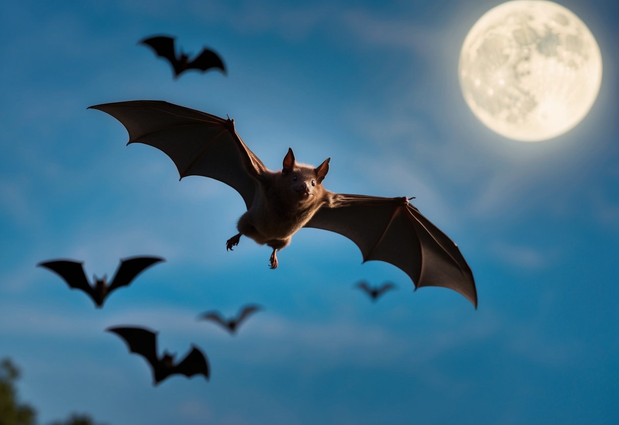 A bat flying peacefully through a moonlit night sky, surrounded by a few other bats in the distance
