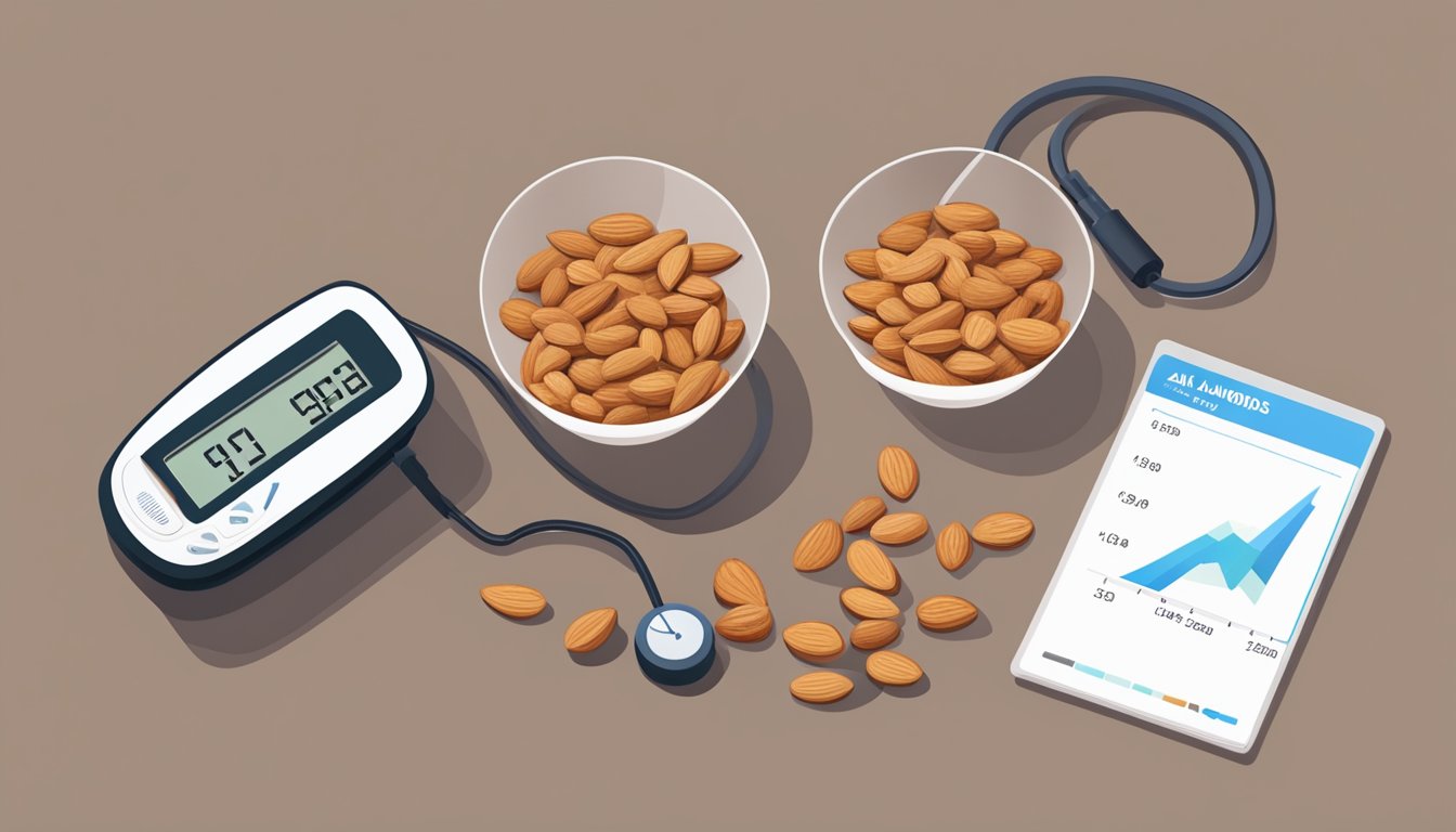 A bowl of almonds sits next to a blood sugar monitor, with a graph showing stable levels