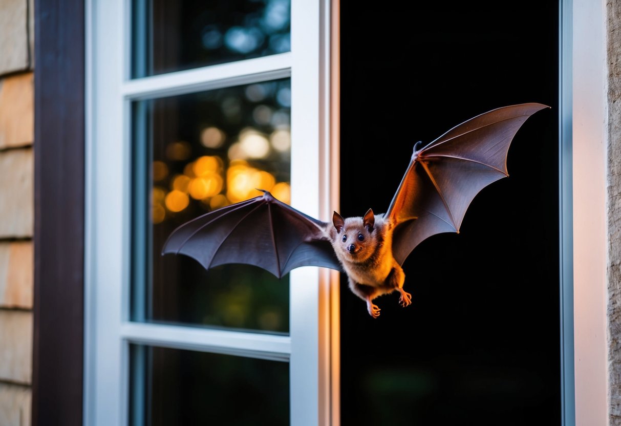 A bat flies out an open window at dusk