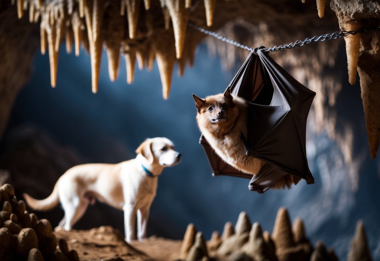 A bat roosts in a cave, surrounded by hanging stalactites and stalagmites. A dog watches from a safe distance, curious but cautious
