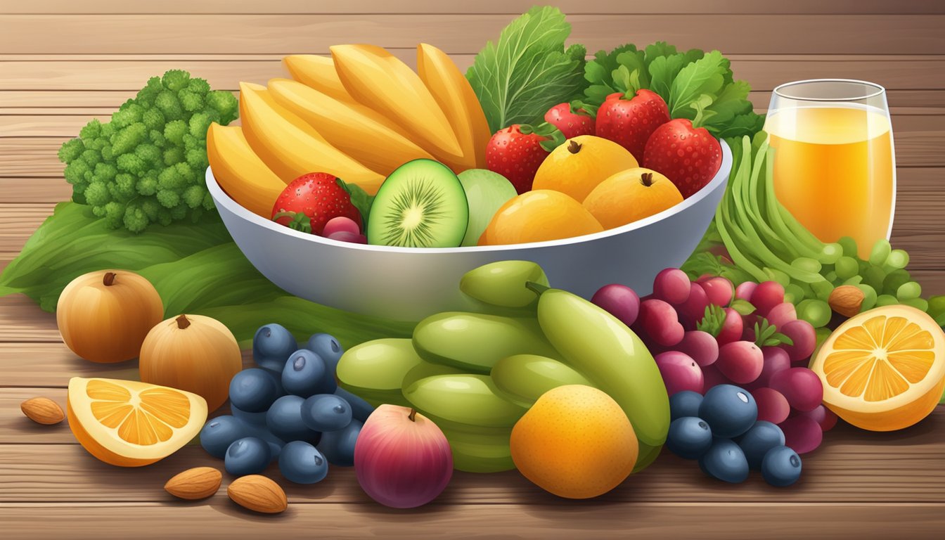 A bowl of almonds surrounded by a variety of fresh fruits and vegetables on a wooden table