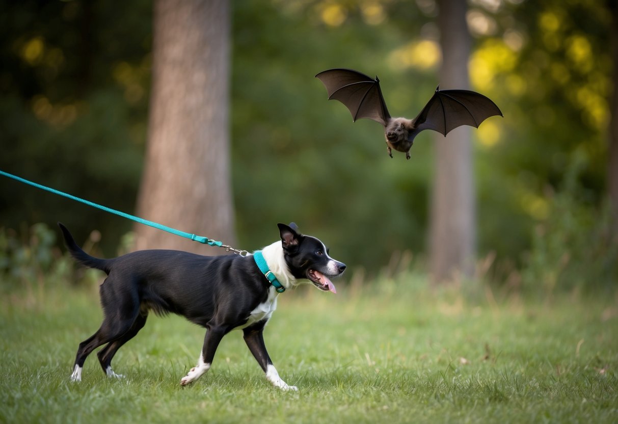 A bat flies above a dog on a leash, both surrounded by trees and wildlife